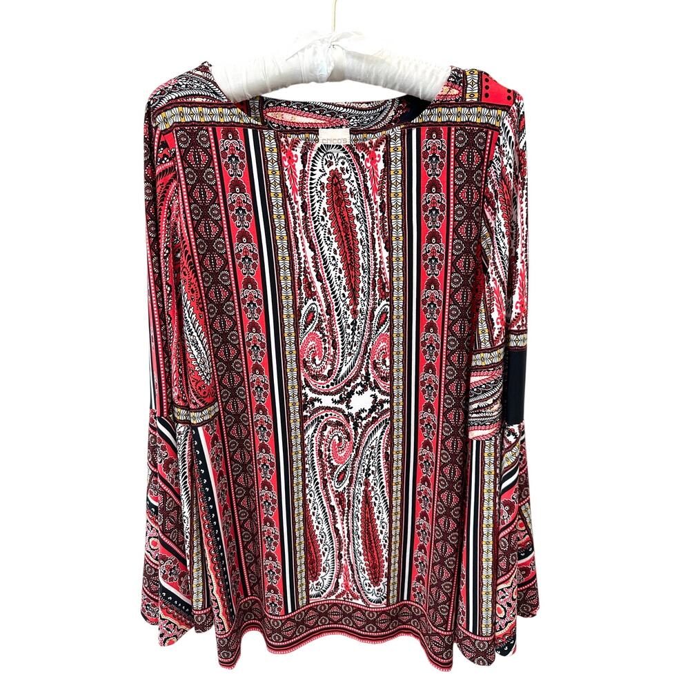 CHICO’S Red Paisley Boho Top Bell Sleeve Stretch Tunic Blouse | Size 2 Large